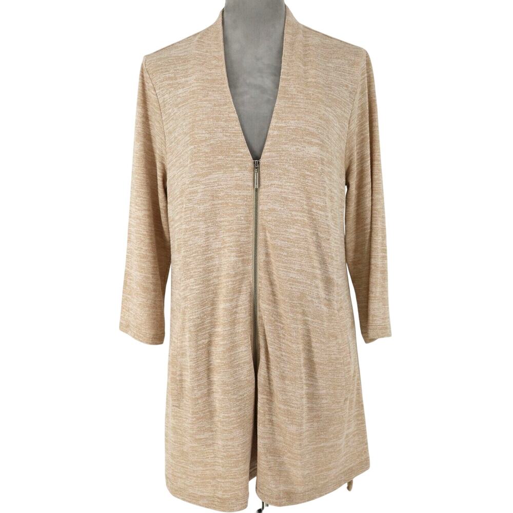 H by Halston Sweater Womens Medium Beige Long Cardigan Stretch Knit Zip Coastal
